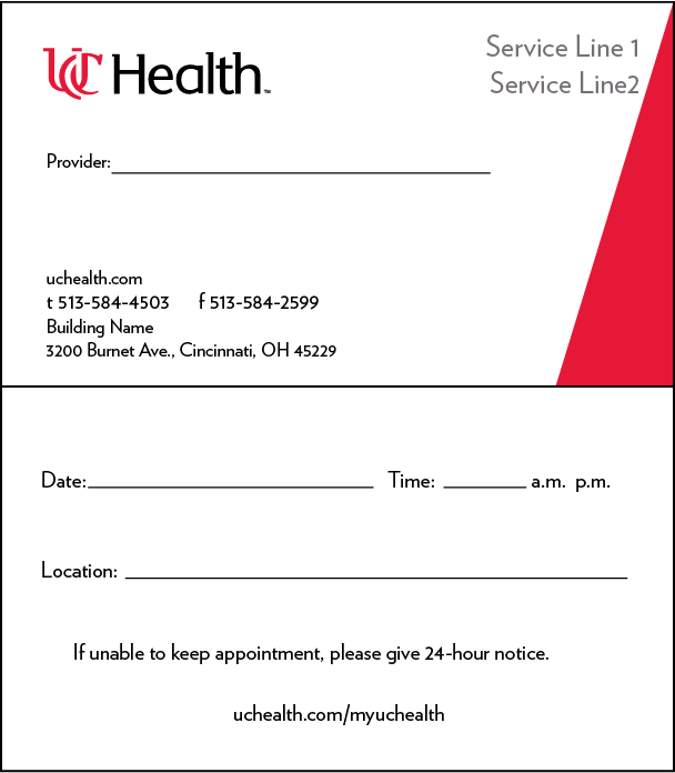 UC Health write-in appointment card